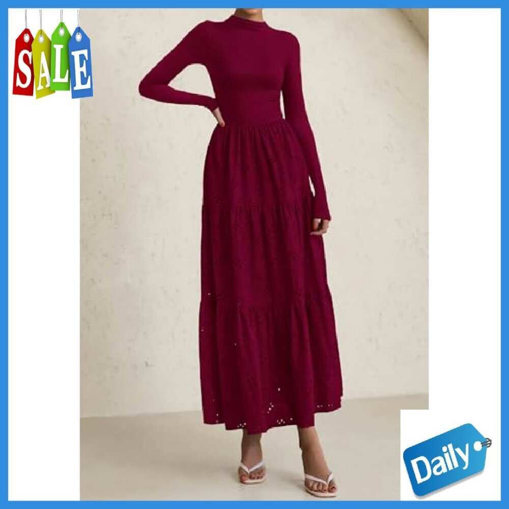 Long Sleeve Maxi Dress Mock Neck Eyelet Embroidery A-Line Wedding Guest - Picture 4 of 8